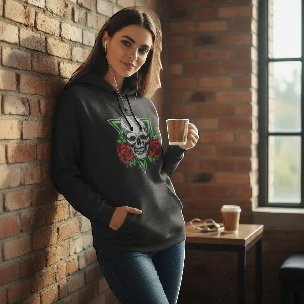 Illustrated Solutions Store black unisex hoodie with skull and rose graphic print, featuring a green triangle outline.