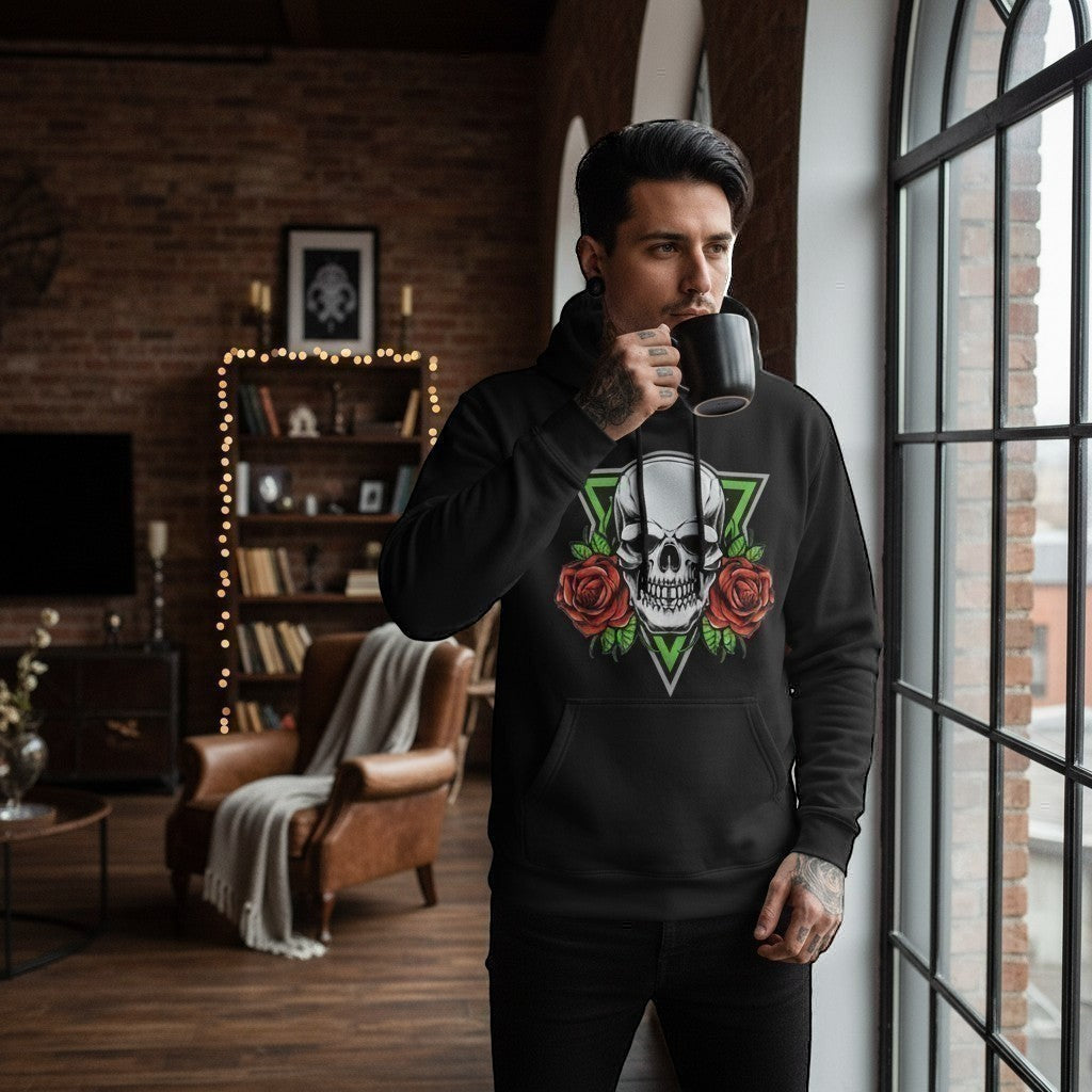Illustrated Solutions Store black unisex hoodie with a skull and roses graphic design, featuring a green triangle.
