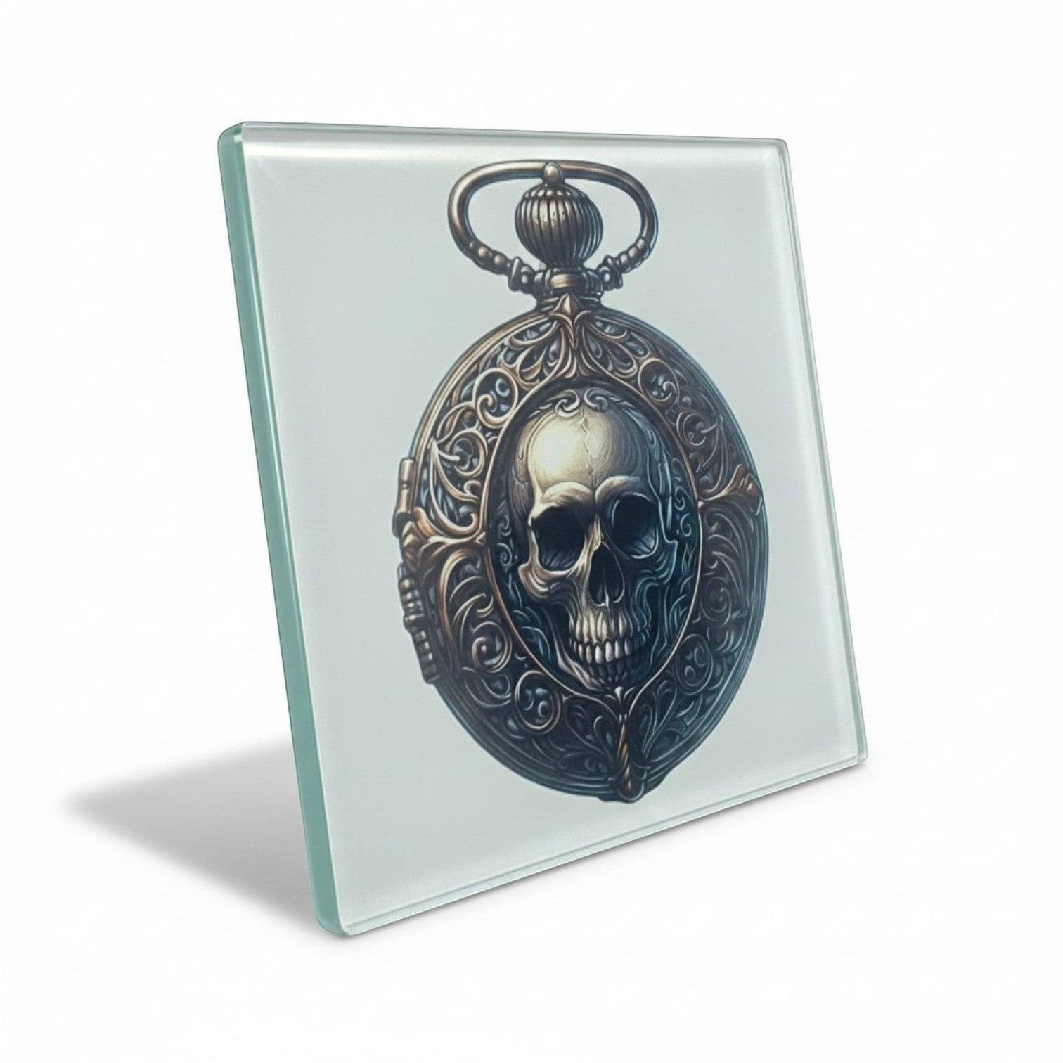 Illustrated Solutions Store gothic glass coaster with a skull in a pocket watch design. Features ornate detailing and a vintage steampunk style.