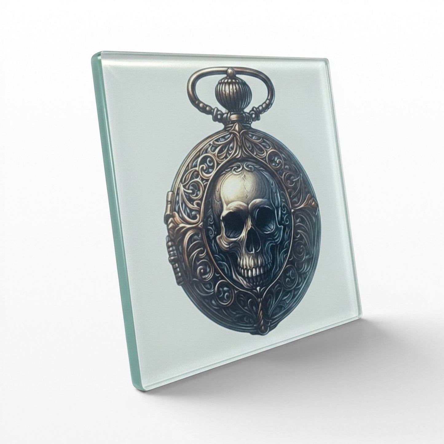 Illustrated Solutions Store gothic glass coaster with skull pocket watch design. Features ornate detailing and vintage style.