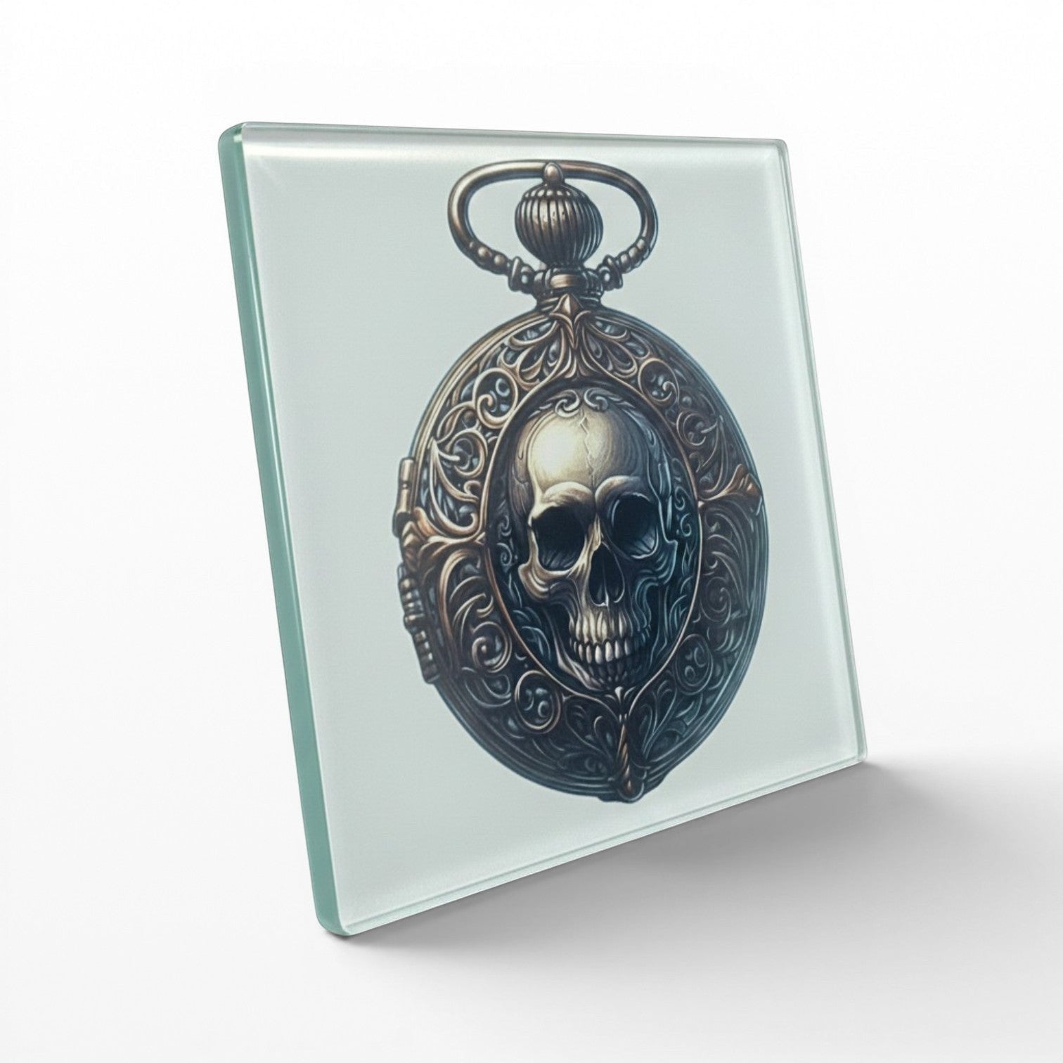 Illustrated Solutions Store gothic glass coaster with skull pocket watch design. Features ornate detailing and vintage style.