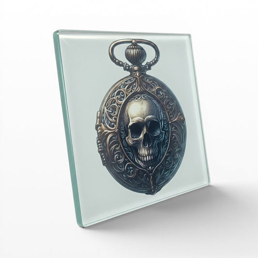 Illustrated Solutions Store gothic glass coaster with skull pocket watch design. Features ornate detailing and vintage style.