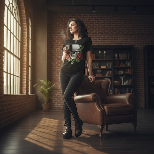 Illustrated Solutions Store black gothic t-shirt with skull and rose graphic print, worn by a woman holding a mug.