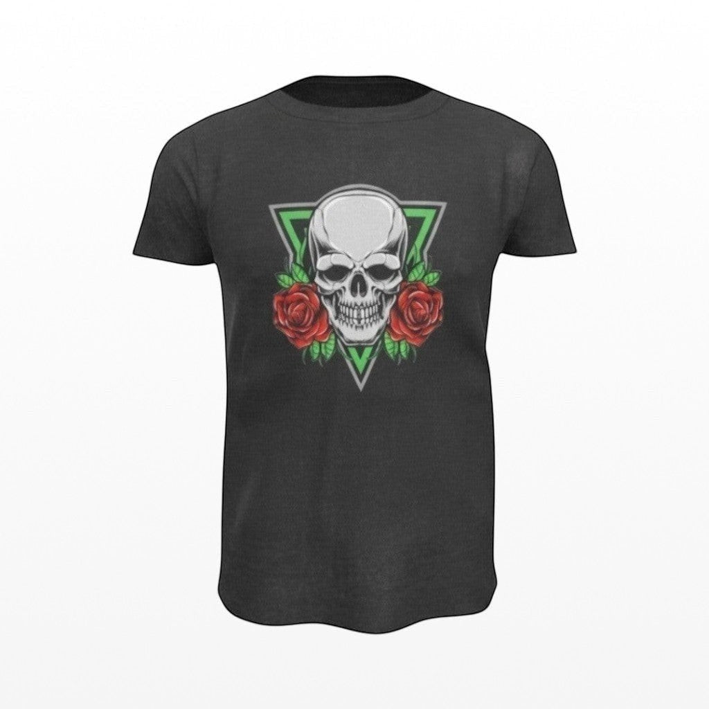 Illustrated Solutions Store dark grey t-shirt with a skull and red roses design within a green triangle.