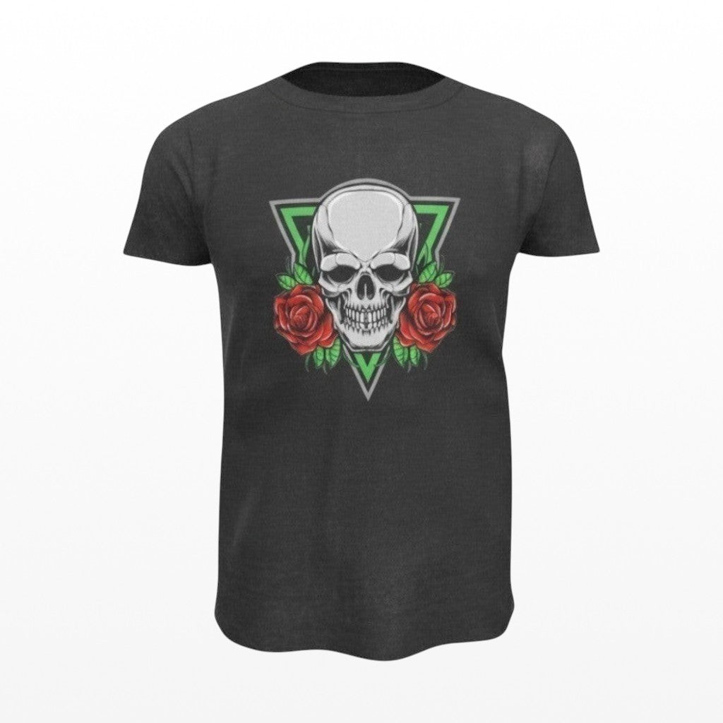 Illustrated Solutions Store dark grey t-shirt with a skull and red roses graphic print, framed by a green triangle.