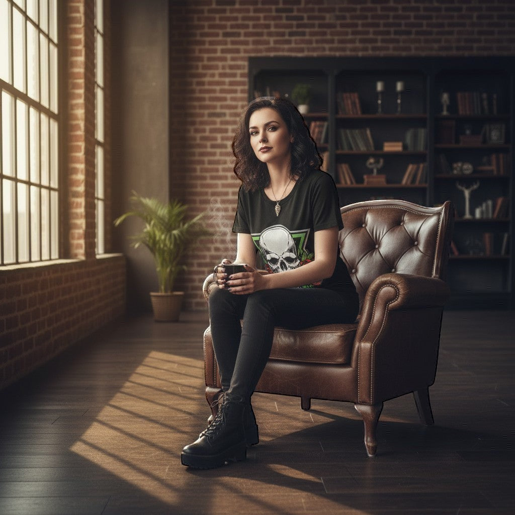 Illustrated Solutions Store black gothic t-shirt with skull and rose graphic, worn by a woman sitting in a leather armchair.