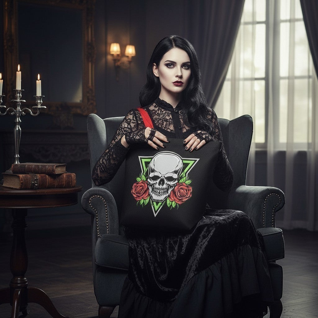 Illustrated Solutions Store gothic tote bag with skull and roses design, held by a woman in a black lace dress.