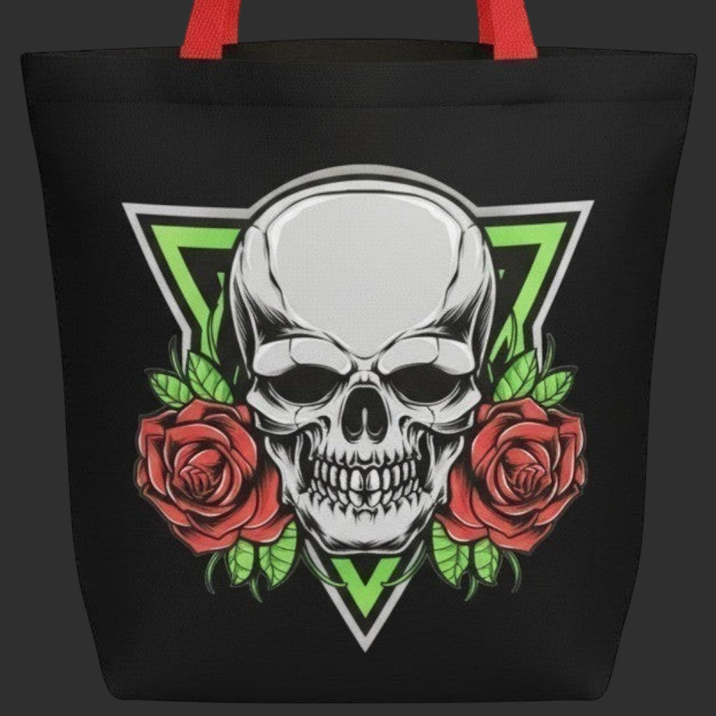 Illustrated Solutions Store black tote bag with red handles, featuring a skull and roses graphic within a neon green triangle. Close-up view.