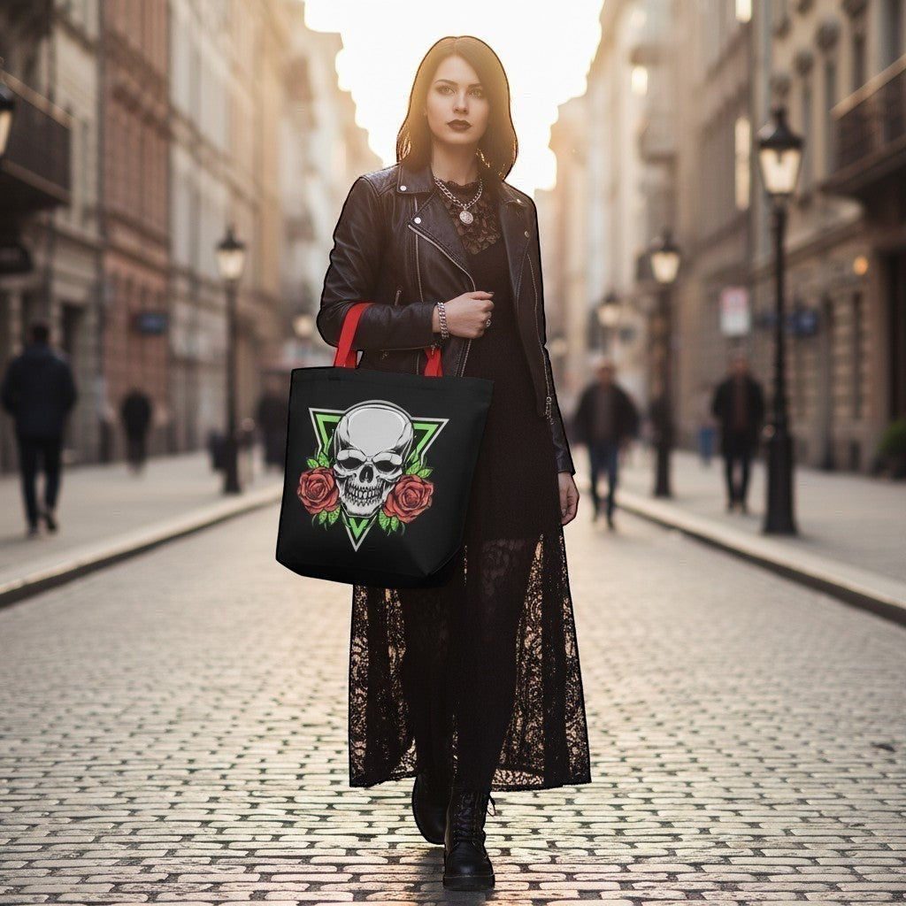 Illustrated Solutions Store black gothic tote bag with skull and red roses design, red handles, worn by a woman on a cobblestone street.
