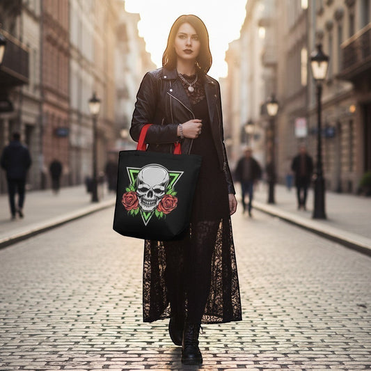 Illustrated Solutions Store black gothic tote bag with skull and red roses design, red handles, worn by a woman on a cobblestone street.
