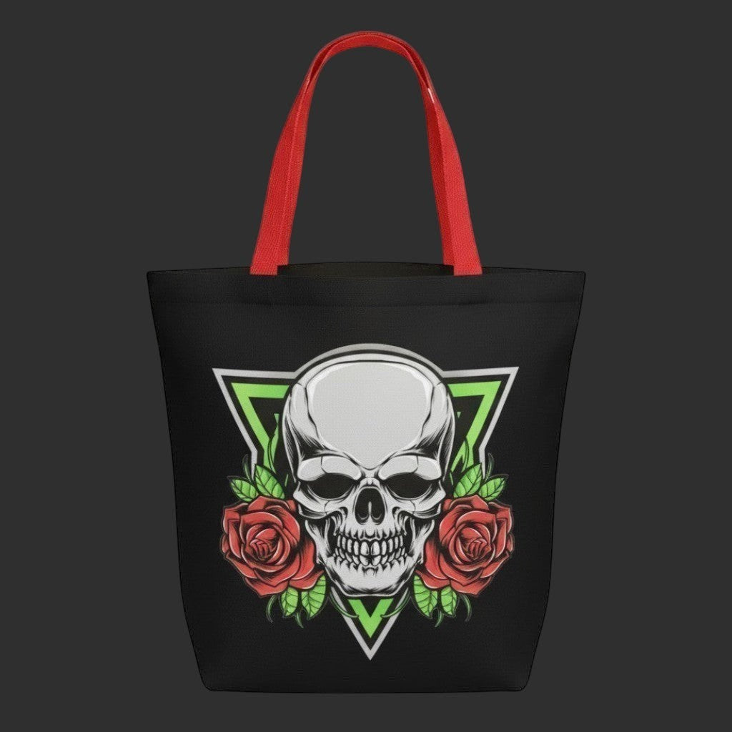 Illustrated Solutions Store black gothic tote bag with skull and red roses design, featuring red handles.