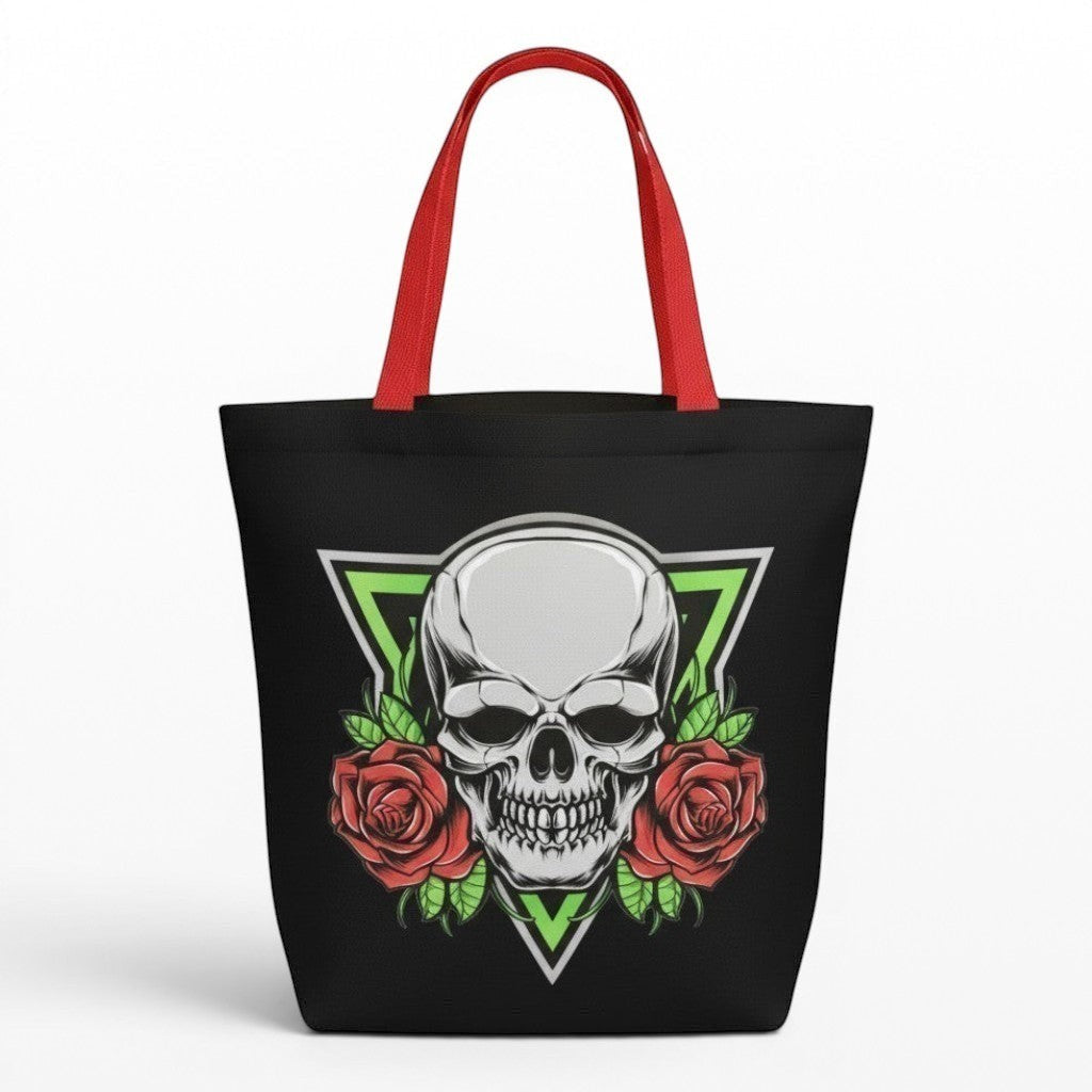Illustrated Solutions Store black gothic tote bag with skull and red roses design, featuring red handles.