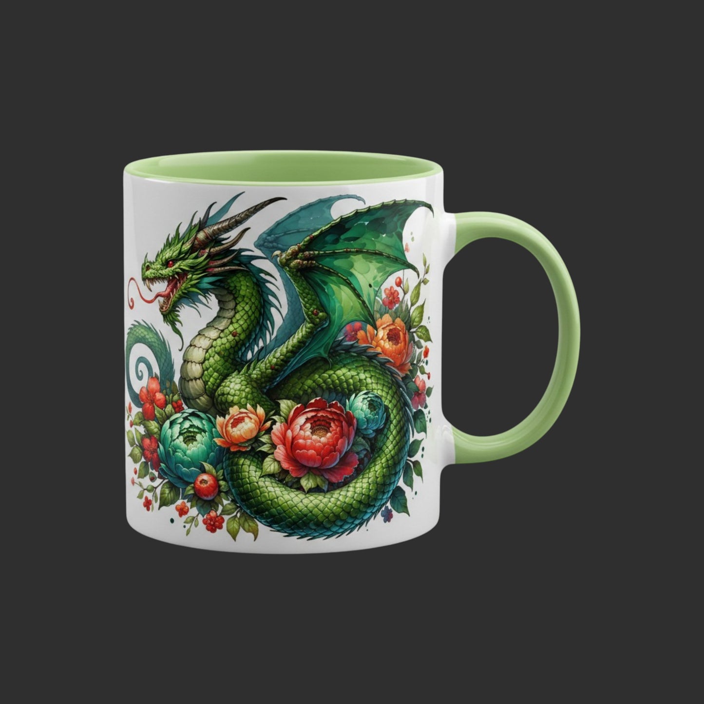 Illustrated Solutions Store 11oz ceramic mug with light green handle, featuring a green dragon and floral design.
