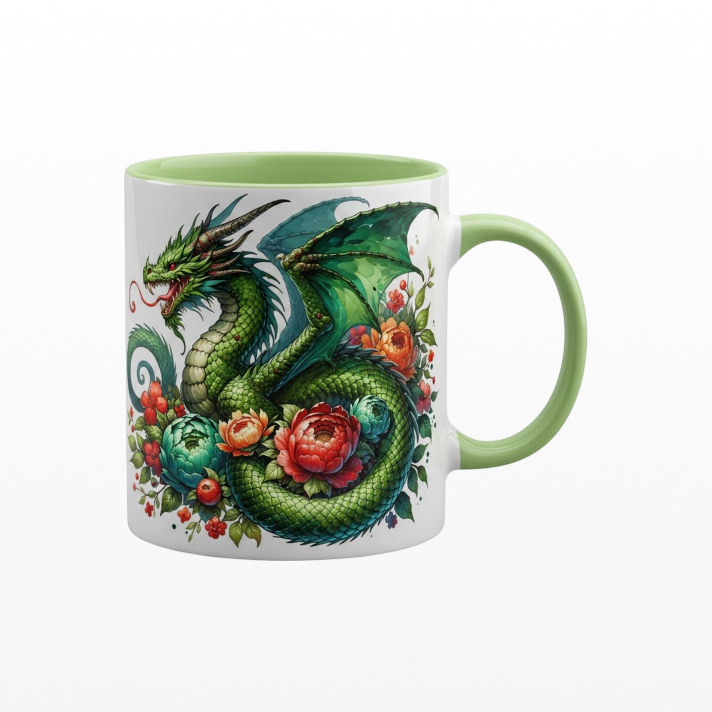 Illustrated Solutions Store 11oz ceramic mug with green handle and a green dragon surrounded by colourful floral art.