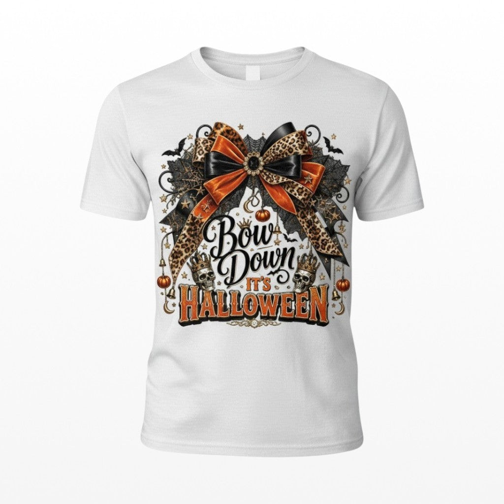 Illustrated Solutions Store white unisex t-shirt featuring a leopard print bow, gothic skulls, and Halloween graphics.