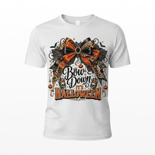 Illustrated Solutions Store white unisex t-shirt featuring a leopard print bow, gothic skulls, and Halloween graphics.