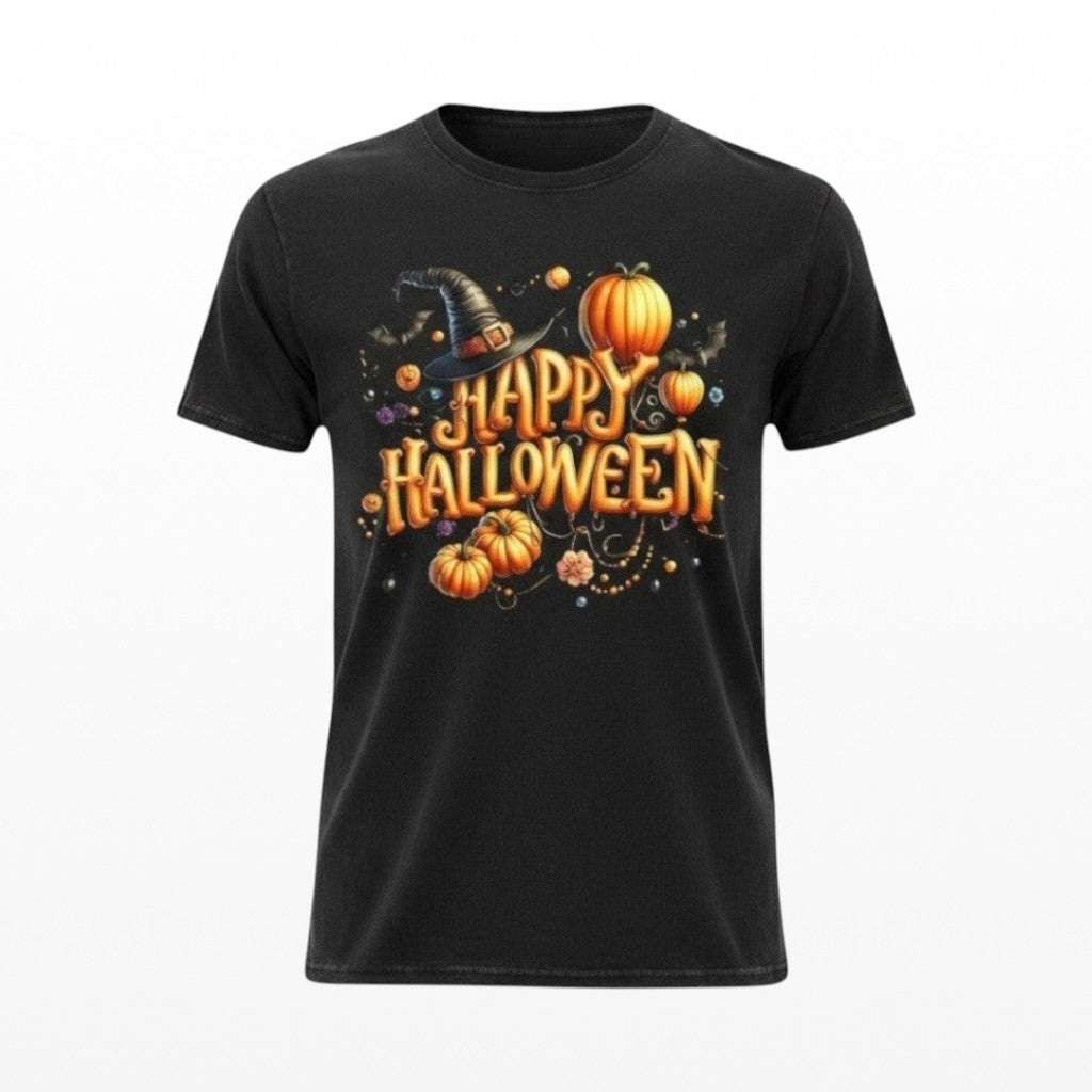Black unisex T-shirt with Happy Halloween text, orange pumpkins, and a witch hat graphic.