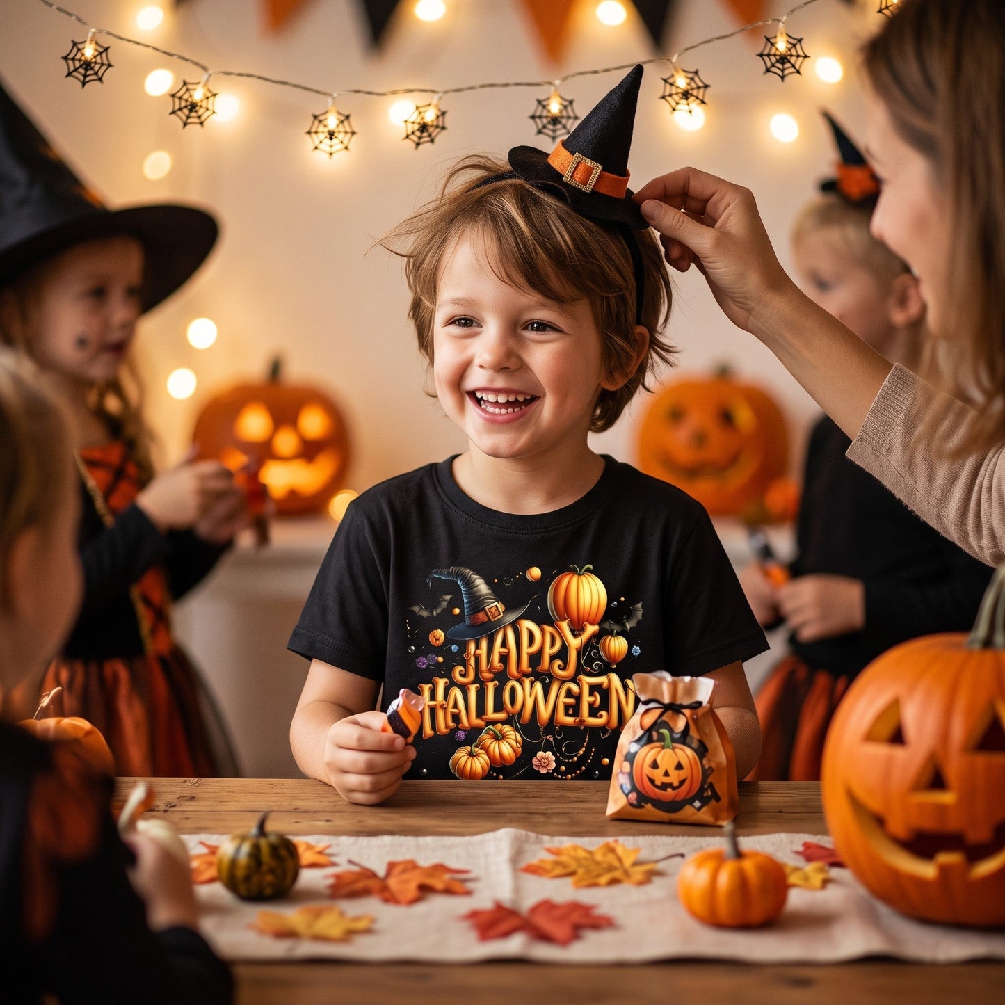 Black unisex Halloween t-shirt with orange pumpkin, witch hat, and bat graphic design worn by a child