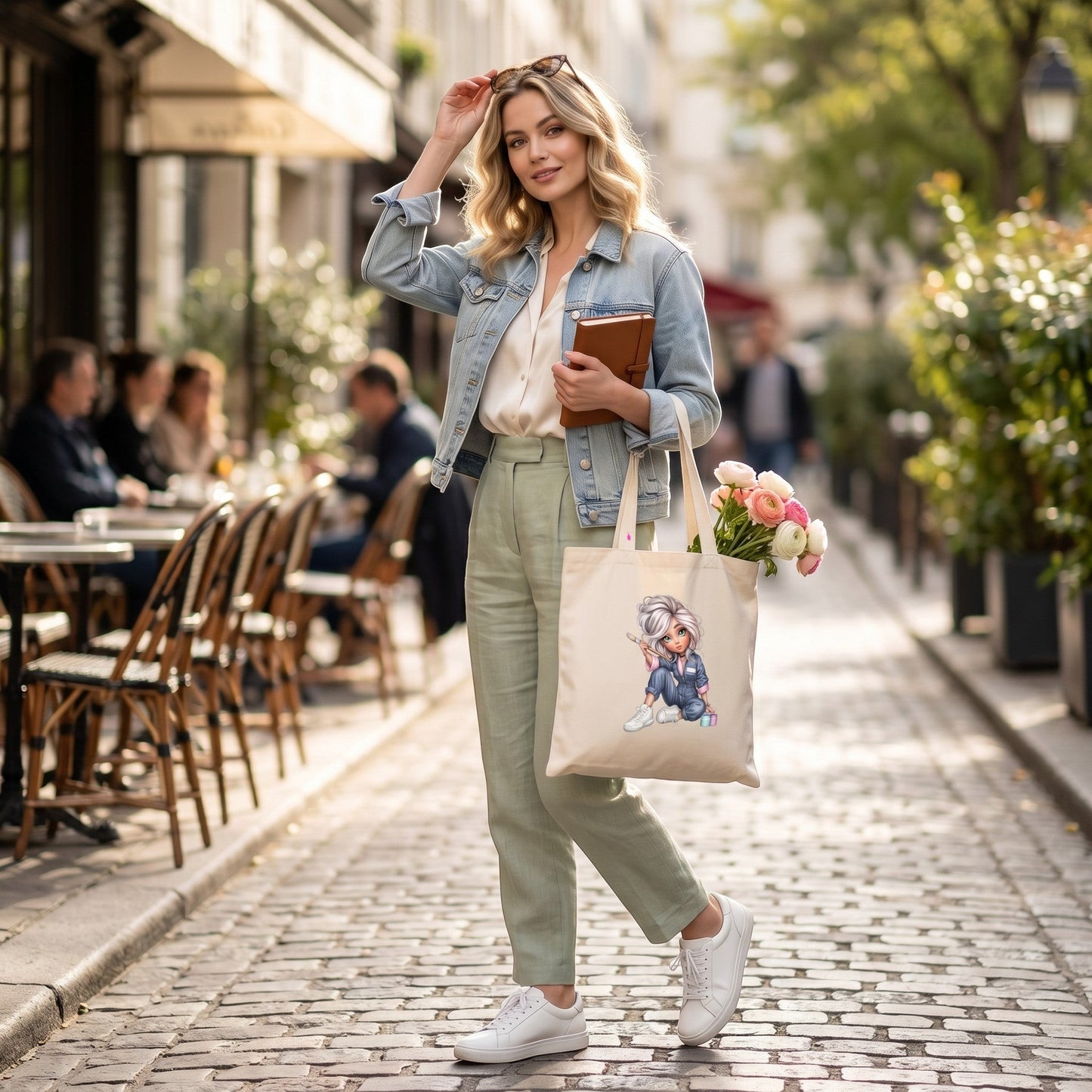 Illustrated Solutions Store hobby tote bag with artist character design, carried by a woman on a cobblestone street.
