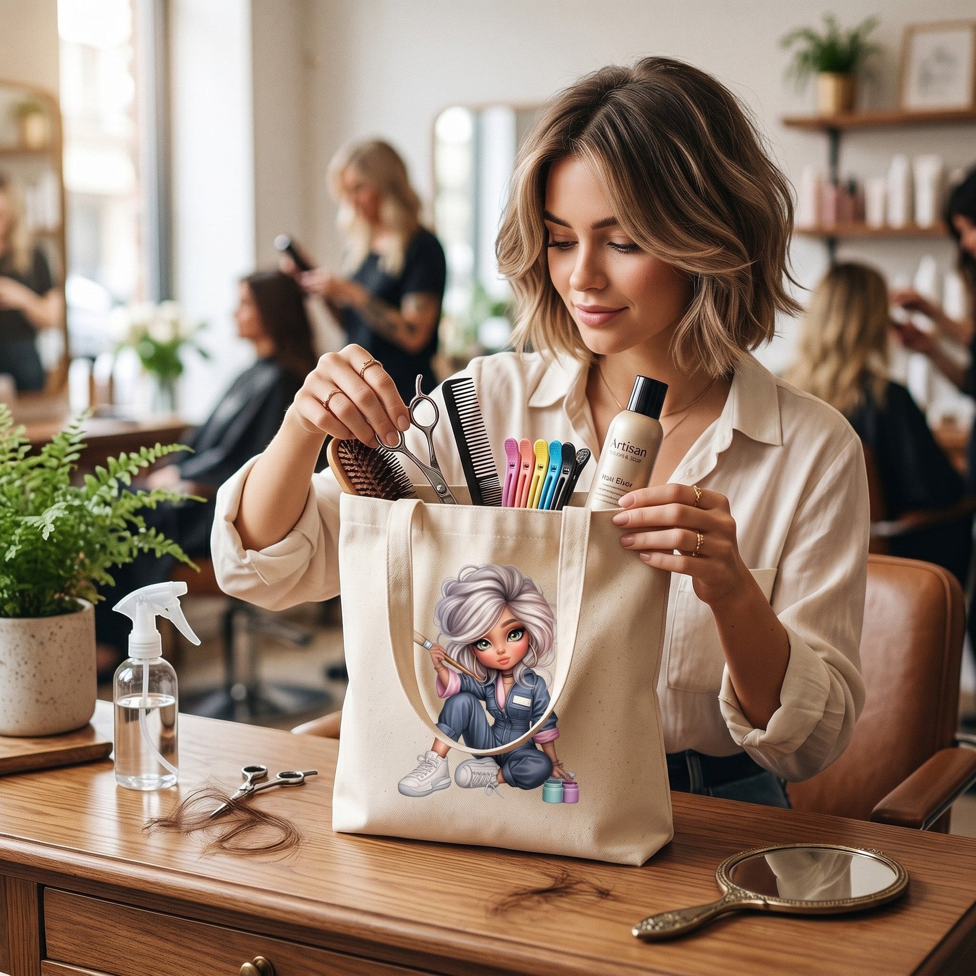 Illustrated Solutions Store hobby tote bag featuring a cute artist character, filled with hair styling tools.