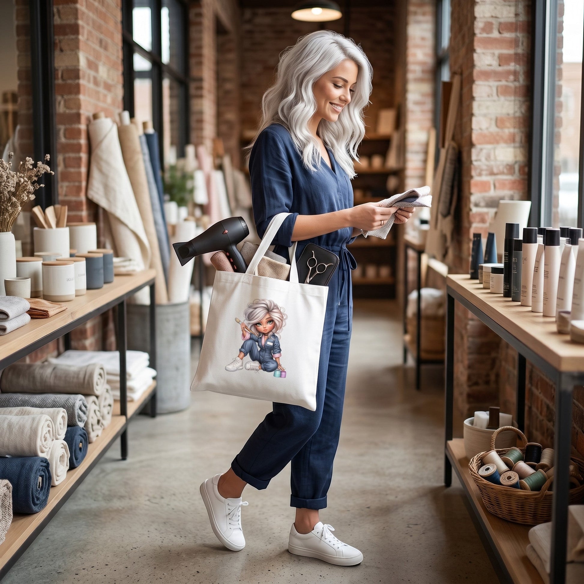 Illustrated Solutions Store white tote bag featuring a cute hair stylist character in a craft supply shop.