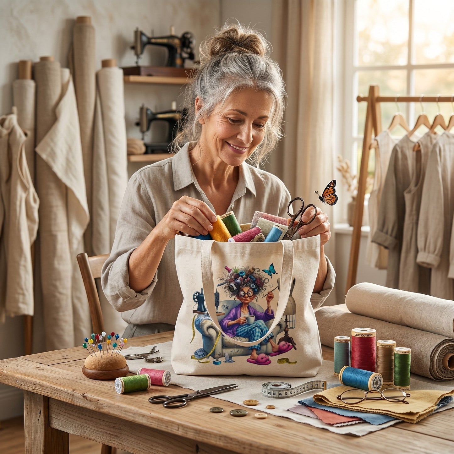 Illustrated Solutions Store hobby tote bag with sewing character design, held by a woman in a craft studio.