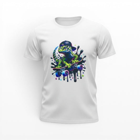 Illustrated Solutions Store white kids t-shirt with a green and blue gecko wearing a black baseball cap riding a skateboard.