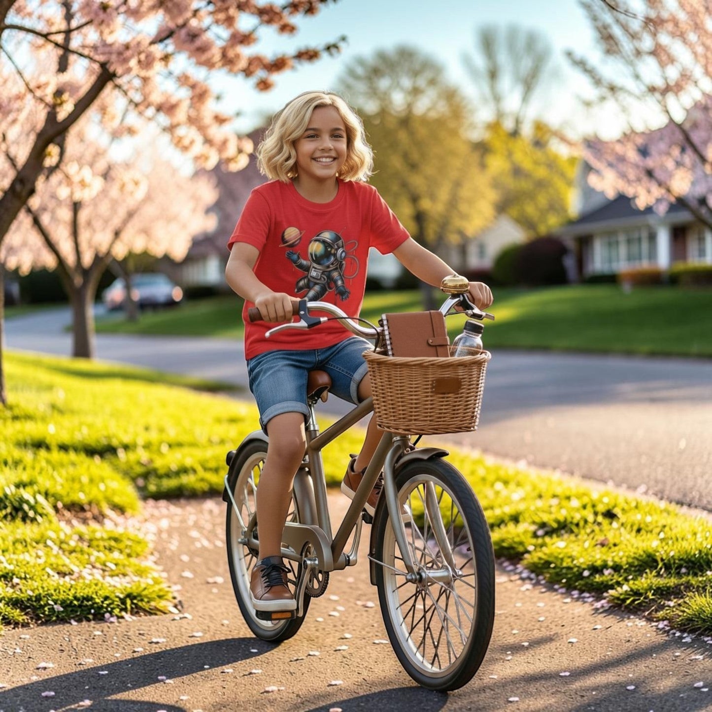 Illustrated Solutions Store red kids' t-shirt with astronaut print worn by a girl riding a bicycle on a pavement