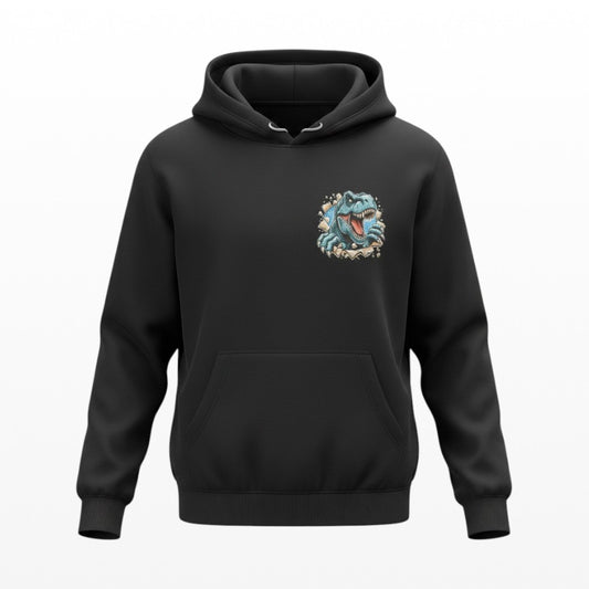 Illustrated Solutions Store black kids hoodie with a small blue T-Rex dinosaur graphic on the left chest.