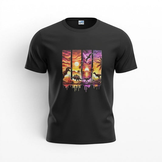 Illustrated Solutions Store black kids t-shirt with a vibrant sunset graphic featuring four different dinosaurs.