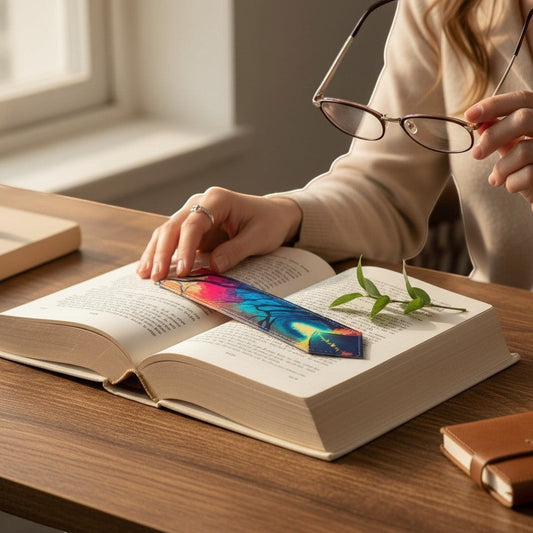 Illustrated Solutions Store leather bookmark with a vibrant, colourful forest path design. Perfect for readers. Bookmark placed inside book.