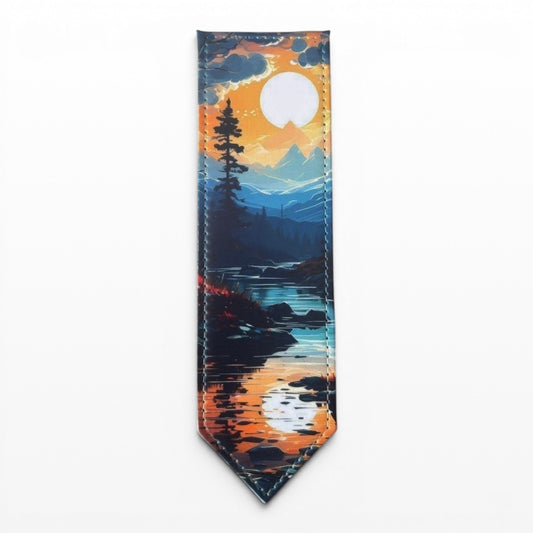 Illustrated Solutions Store leather bookmark featuring a moonlit forest reflection in autumn tones, with a pointed end.