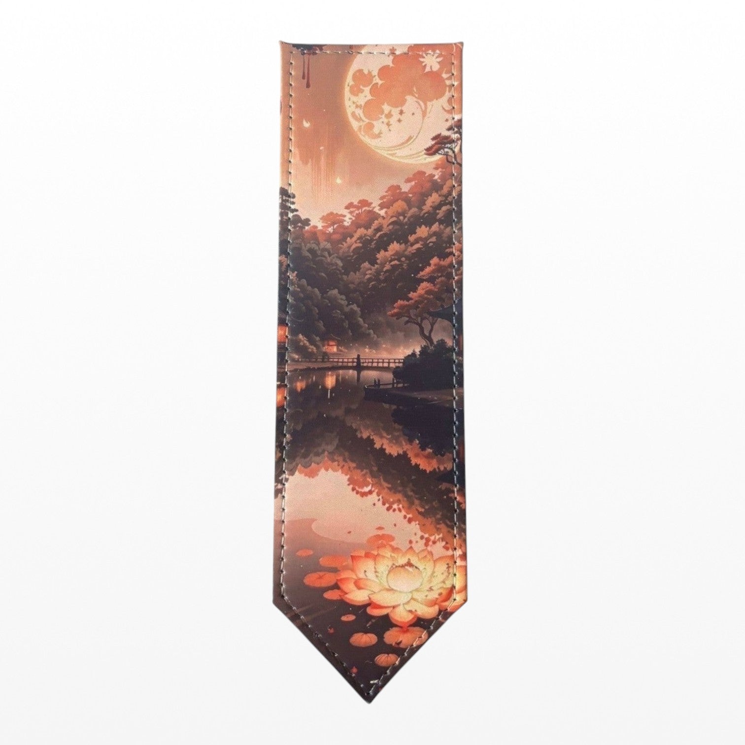 Illustrated Solutions Store leather bookmark featuring a moonlit forest reflection in warm autumn tones.