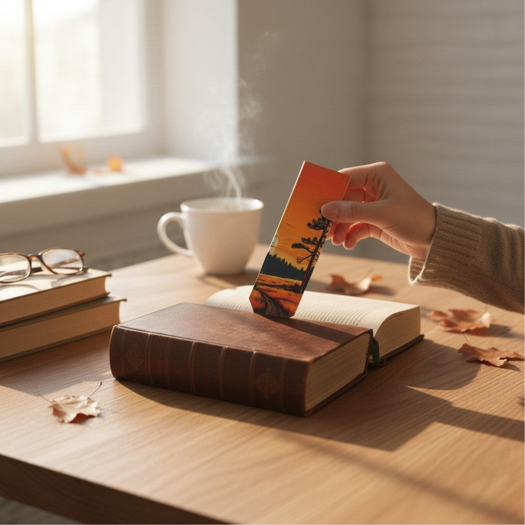Illustrated Solutions Store leather bookmark with a sunset forest path design, perfect for book lovers.