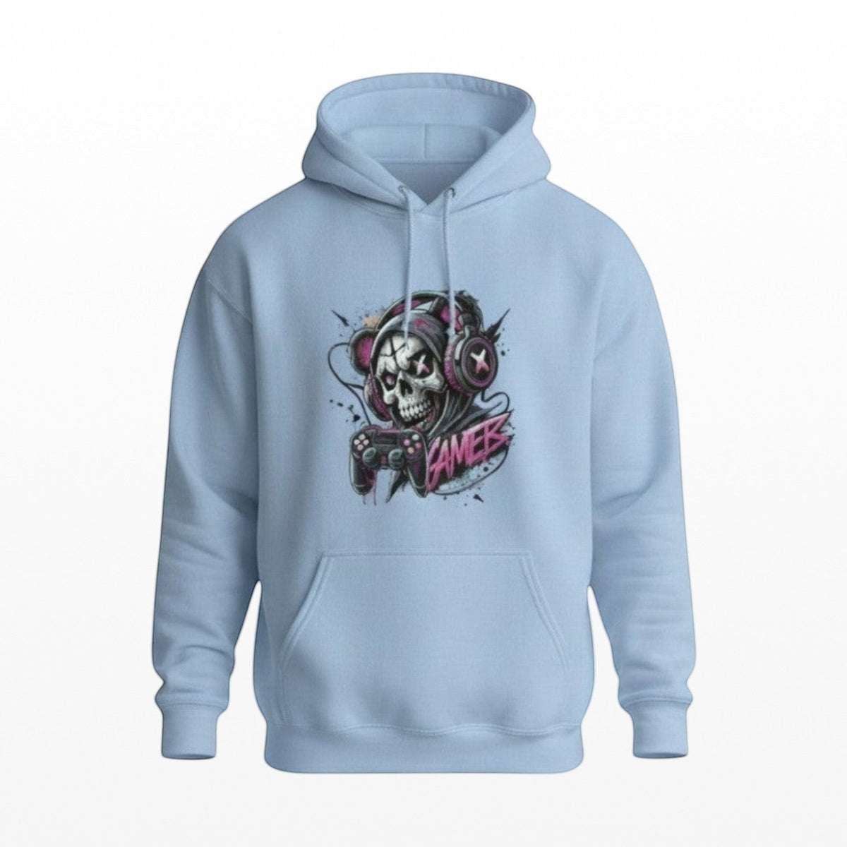 Illustrated Solutions Store light blue gaming hoodie featuring a skull graphic with headphones and a controller.