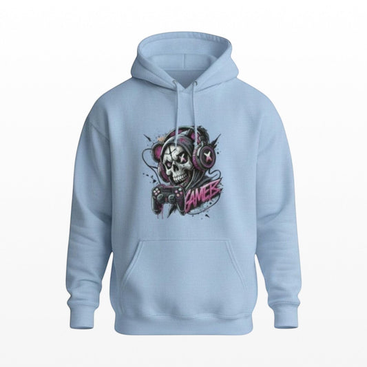 Illustrated Solutions Store light blue gaming hoodie featuring a skull graphic with headphones and a controller.
