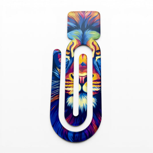 Illustrated Solutions Store acrylic book page holder featuring a vibrant, colourful lion face design. Holds pages securely.