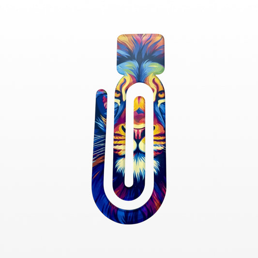 Illustrated Solutions Store acrylic book clip featuring a vibrant, colourful lion design for books and journals.