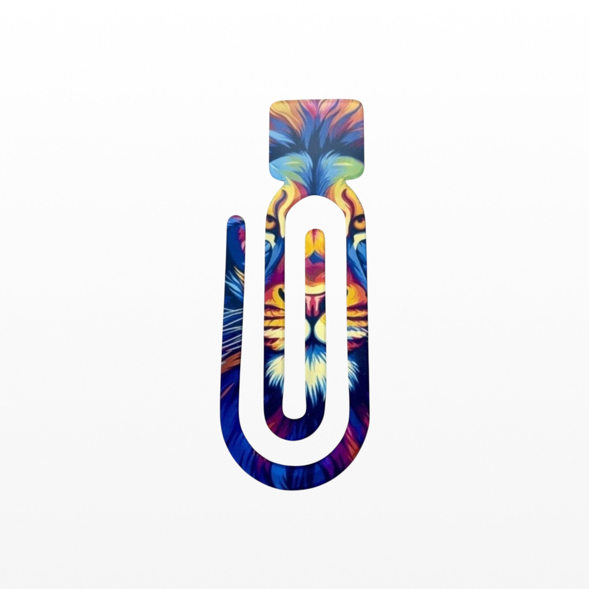 Illustrated Solutions Store acrylic book clip featuring a vibrant, colourful lion design for books and journals.