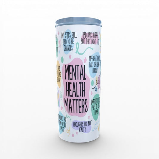 Illustrated Solutions Store mental health awareness tumbler with positive affirmations and pastel colours.