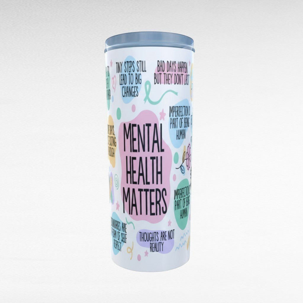 Illustrated Solutions Store mental health awareness tumbler with positive affirmations and pastel graphics.
