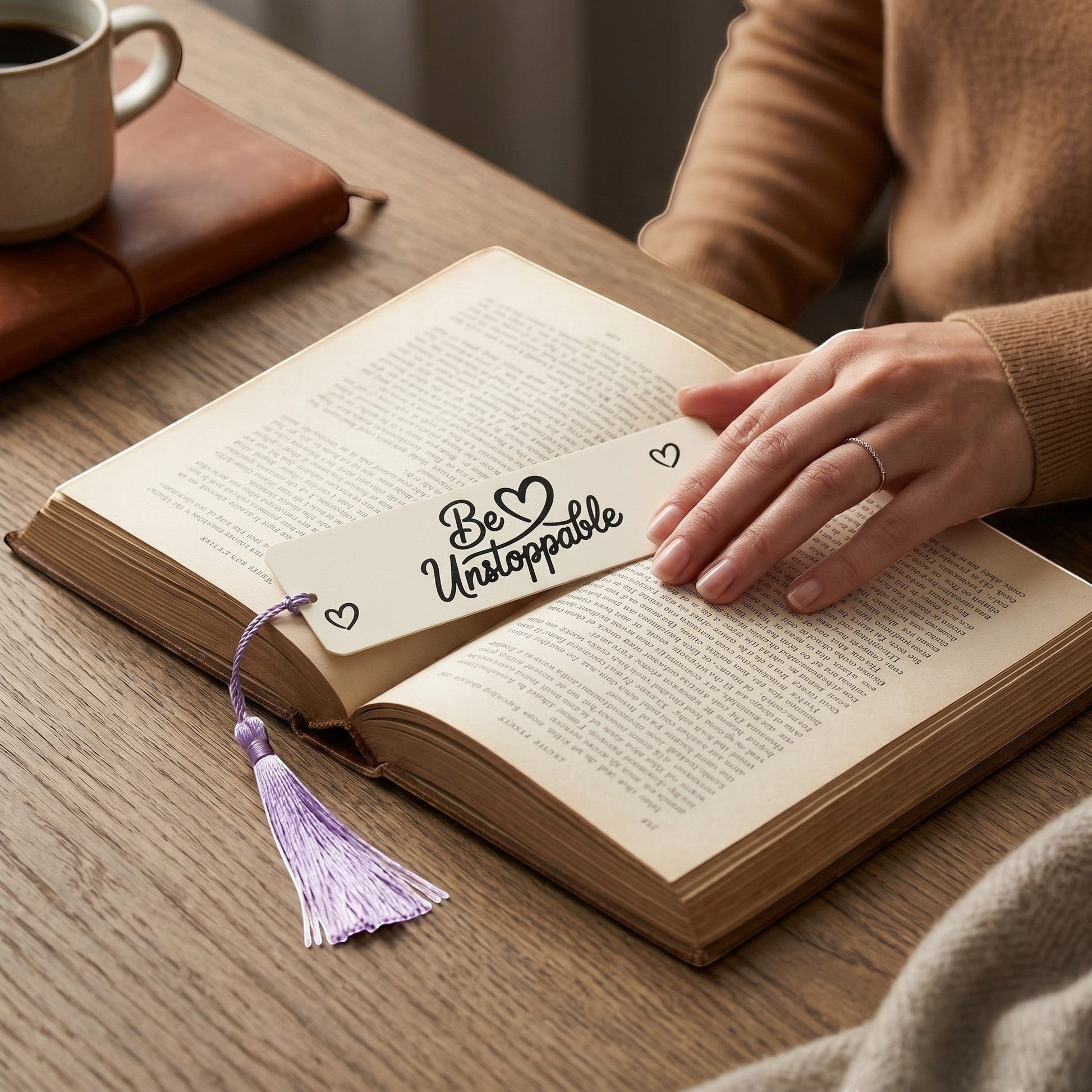 Illustrated Solutions Store metal bookmark with Be Unstoppable text and purple tassel resting in an open book