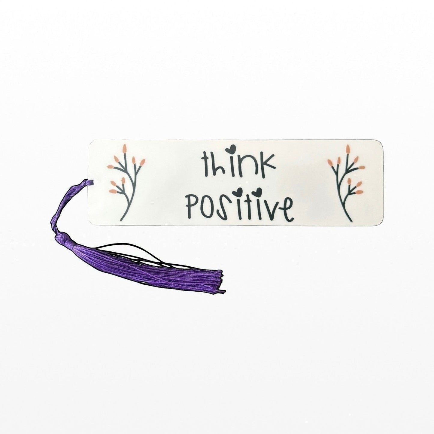 Illustrated Solutions Store aluminium bookmark with Think Positive text and floral accents featuring a purple tassel.