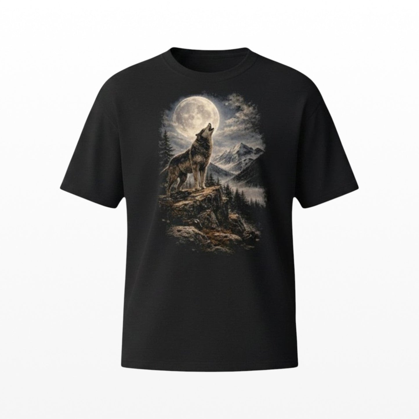 Illustrated Solutions Store black t-shirt with a detailed graphic of a wolf howling at a full moon over a mountain landscape.