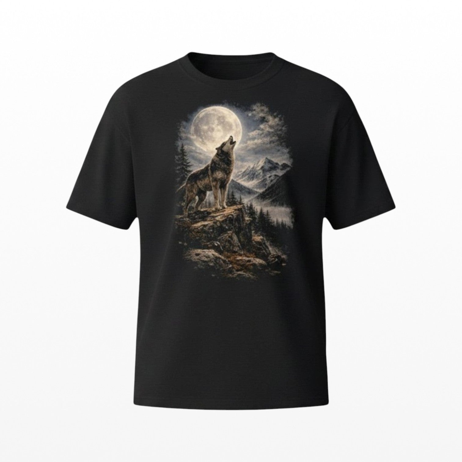 Illustrated Solutions Store black t-shirt with a detailed graphic of a wolf howling at a full moon over a mountain landscape.