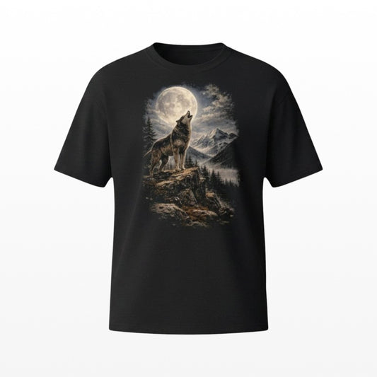 Illustrated Solutions Store black t-shirt with a detailed graphic of a wolf howling at a full moon over a mountain landscape.