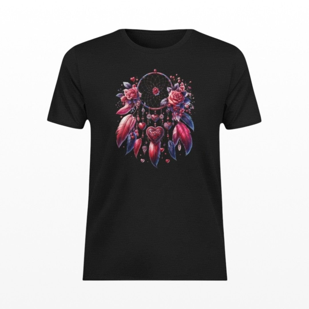 Illustrated Solutions Store black unisex t-shirt featuring a mystical dreamcatcher with red roses and feathers.