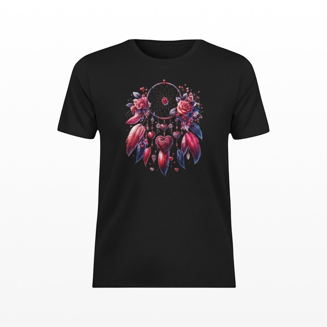Illustrated Solutions Store black unisex t-shirt featuring a mystical dreamcatcher with red roses and feathers.