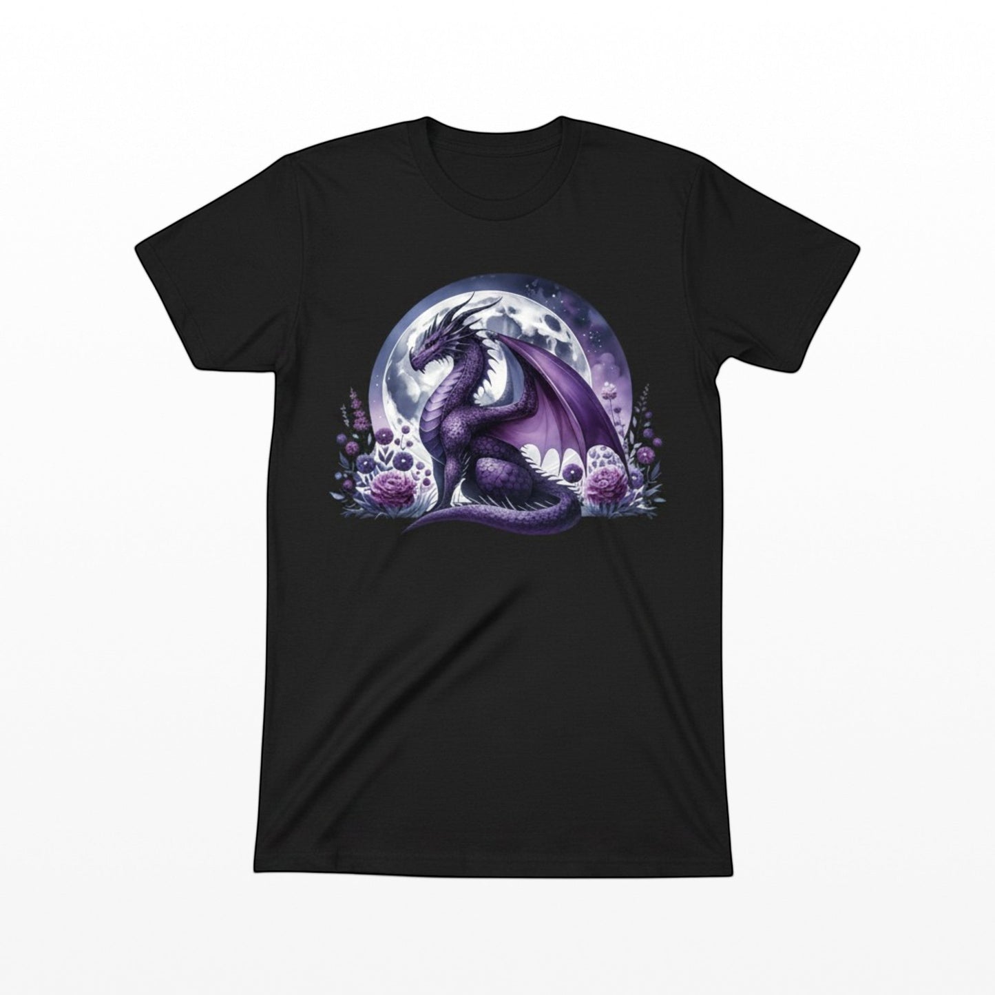Illustrated Solutions Store black unisex t-shirt featuring a mystical purple dragon and full moon fantasy graphic.