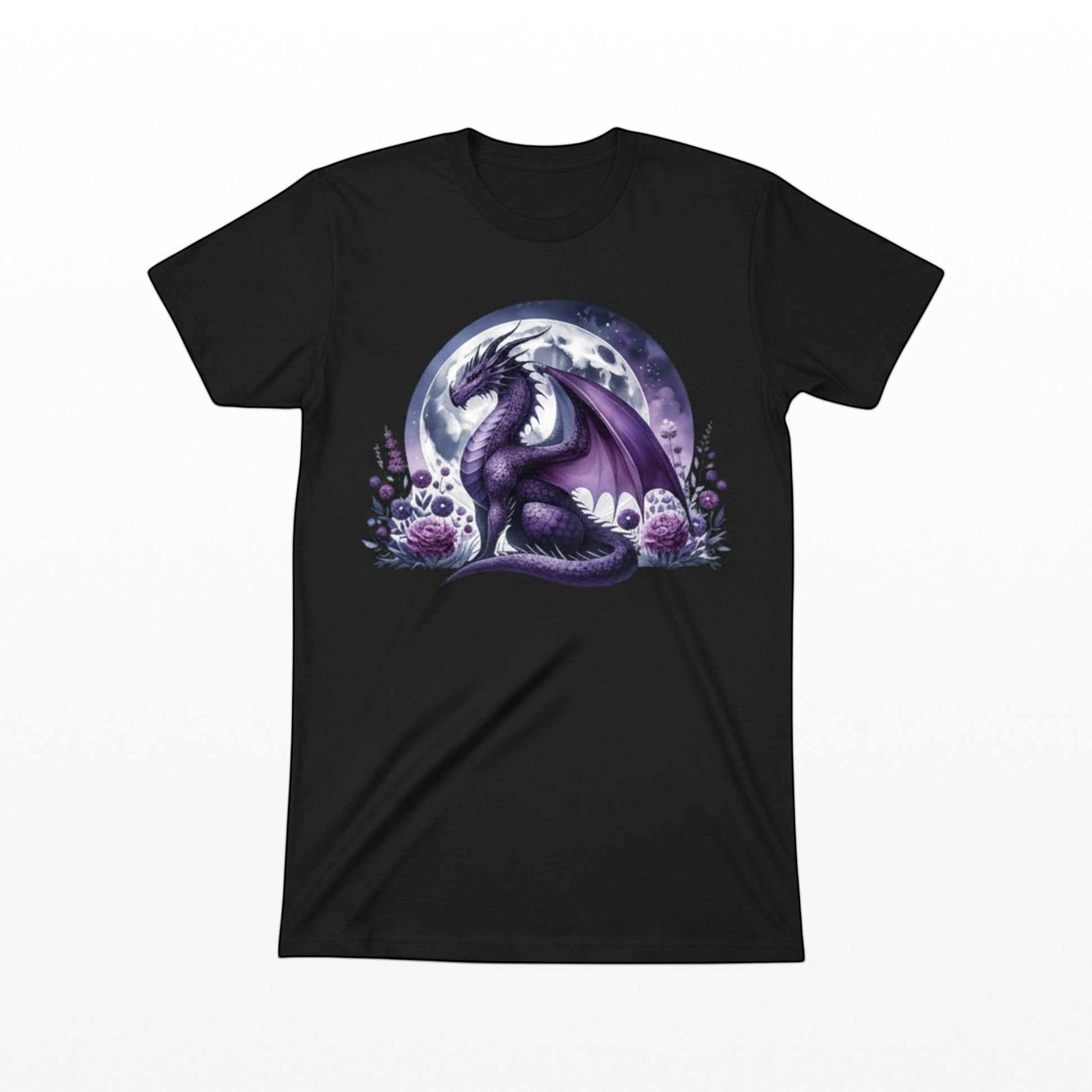 Illustrated Solutions Store black unisex t-shirt featuring a mystical purple dragon and full moon fantasy graphic.